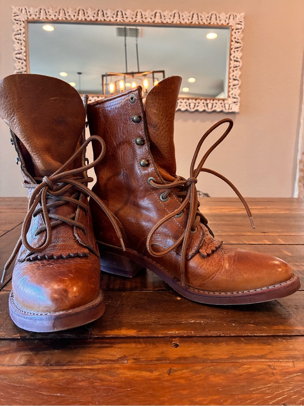Vintage Brown Leather Lace-Up Rooer Boots